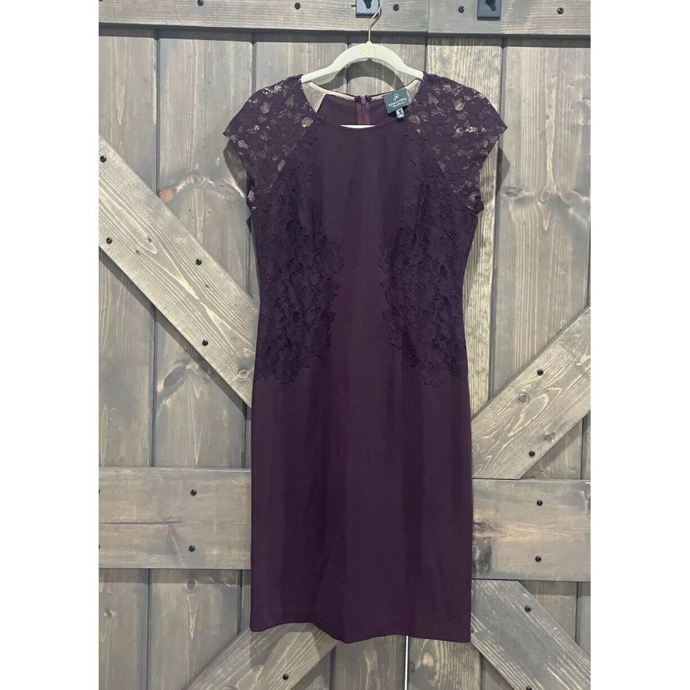 Adrianna Papell Dark Purple Lace Detail Cap Sleeve Sheath Dress Size 8